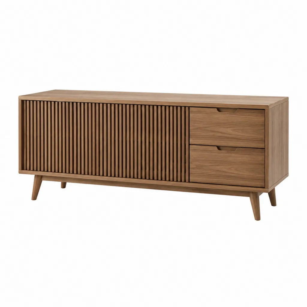 Meuble TV rectangulaire avec porte coulissante et 2 tiroirs en MDF plaqué noyer 160 x 40 x 75 cm