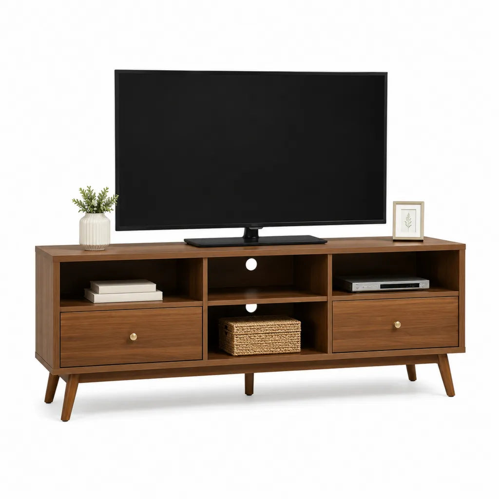 Meuble TV rectangulaire 147 x 40 x 65 cm en panneaux MDF décor noyer avec 2 tiroirs marron