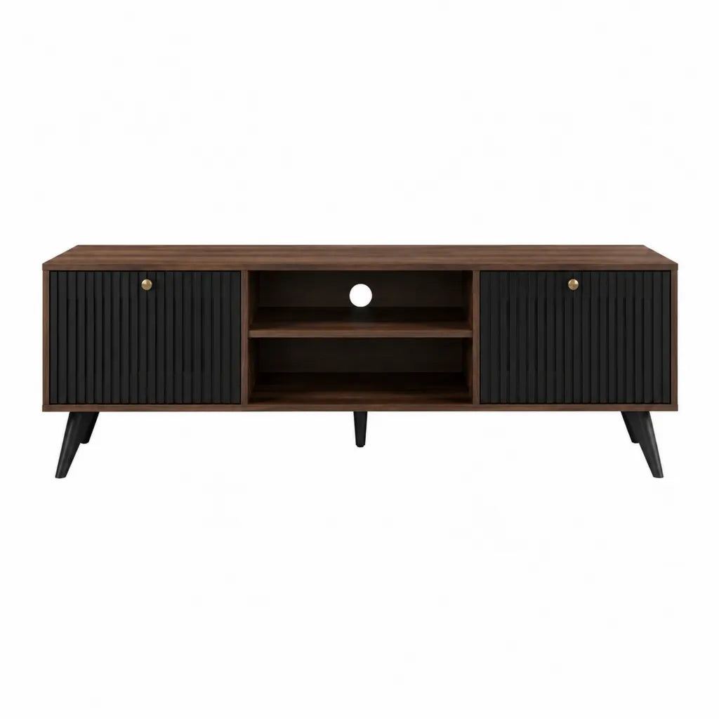 Meuble TV 140 x 40 x 55 cm en panneaux MDF finition noyer avec portes rainurées noires