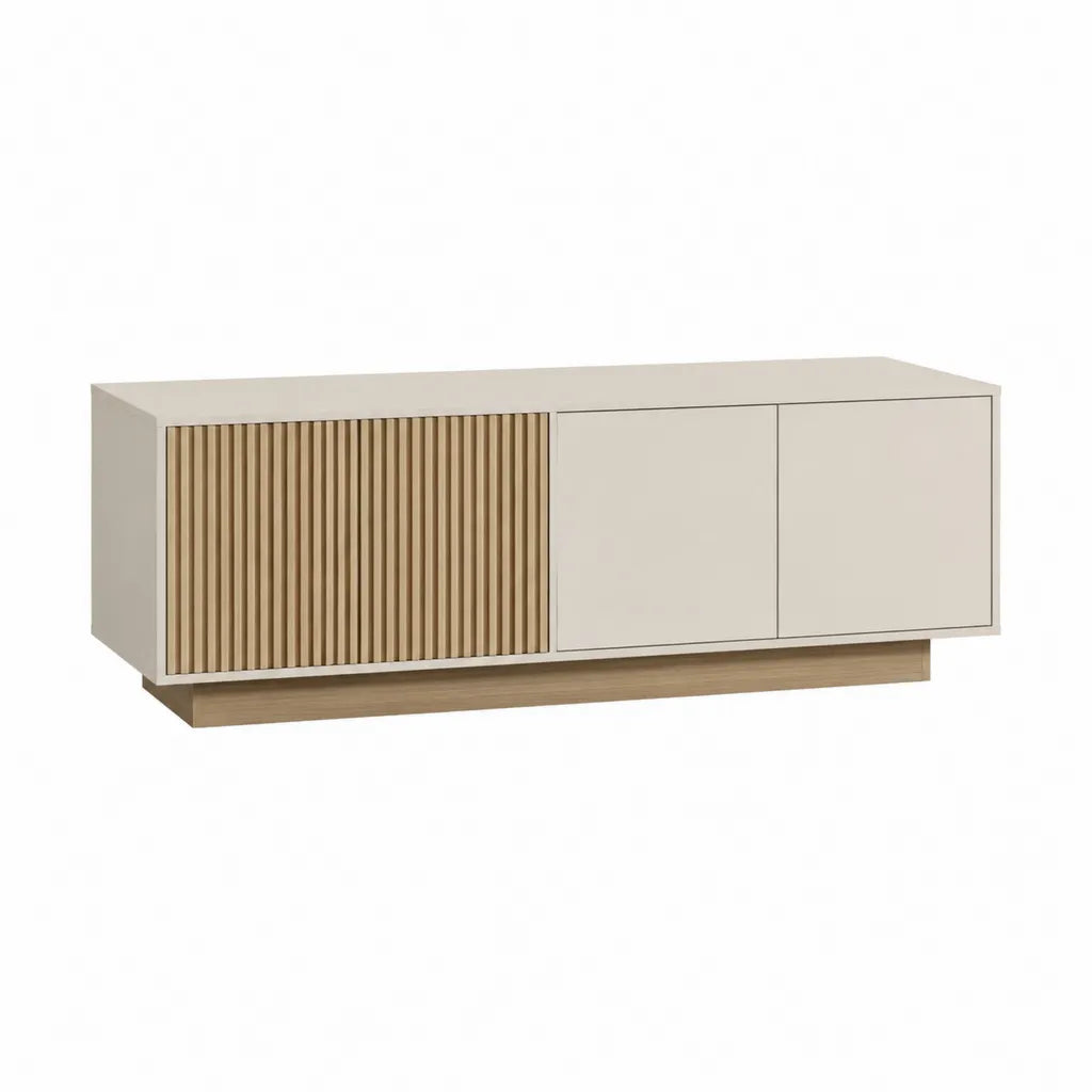 Meuble TV 3 portes 160 x 40 x 60 cm en panneaux de particules et MDF rectangulaire beige chêne clair