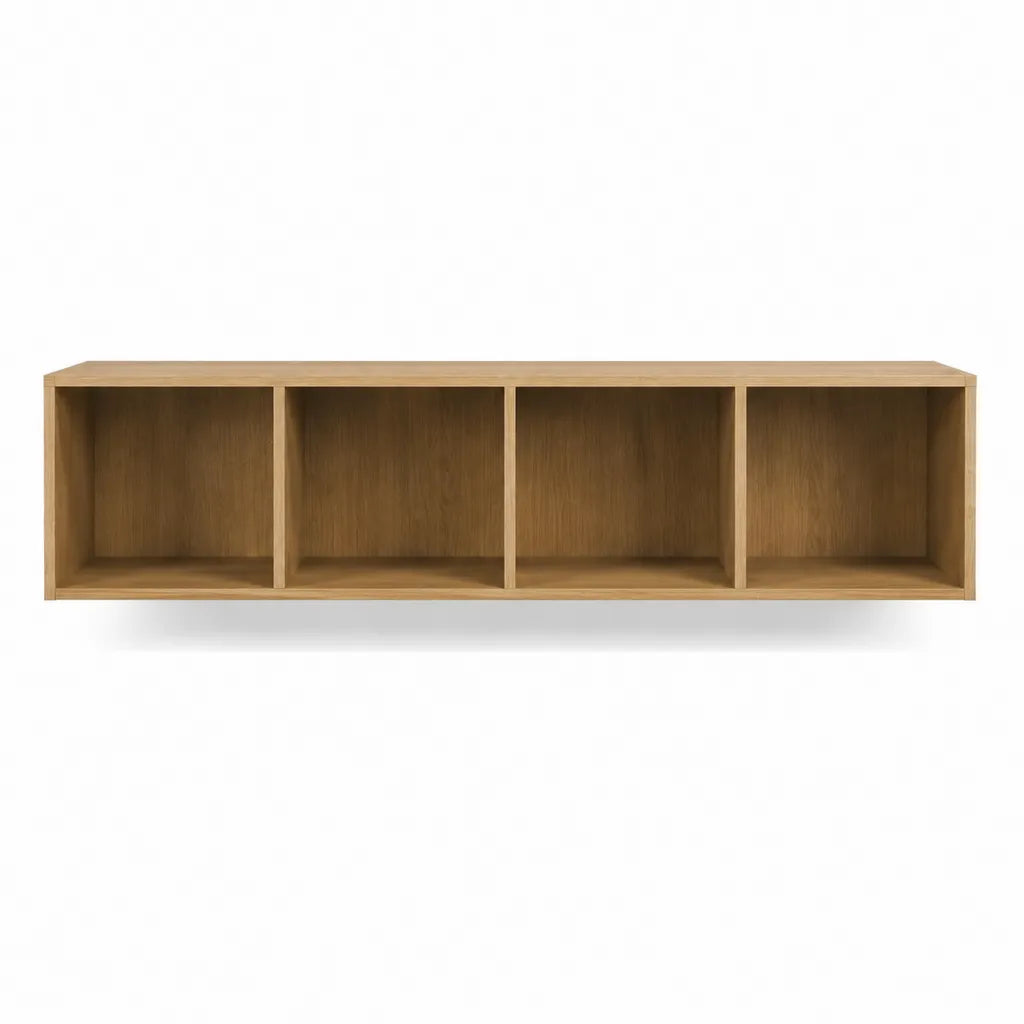 Meuble TV bas à 4 niches en panneaux MDF plaqués chêne naturel 180 x 40 x 45 cm