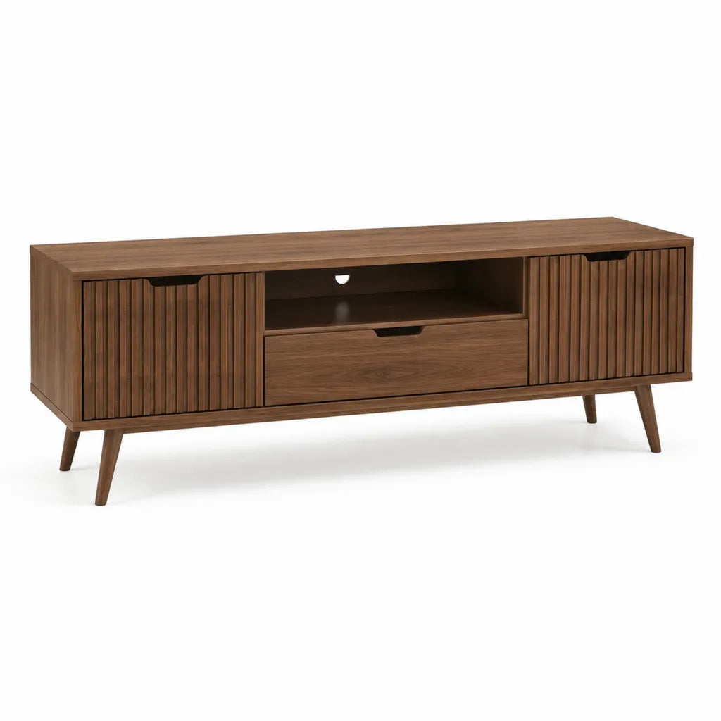 Meuble TV rectangulaire 160 x 40 x 60 cm en panneaux MDF finition noyer avec 2 portes et tiroir