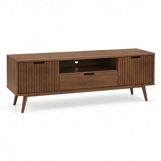 Meuble TV rectangulaire 160 x 40 x 60 cm en panneaux MDF finition noyer avec 2 portes et tiroir