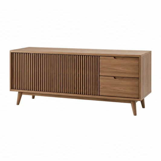 Meuble TV rectangulaire avec porte coulissante et 2 tiroirs en MDF plaqué noyer 160 x 40 x 75 cm