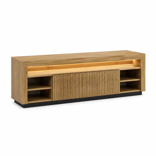 Meuble TV 180 x 40 x 60 cm en chêne massif rectangulaire naturel noir avec rangement et éclairage LED