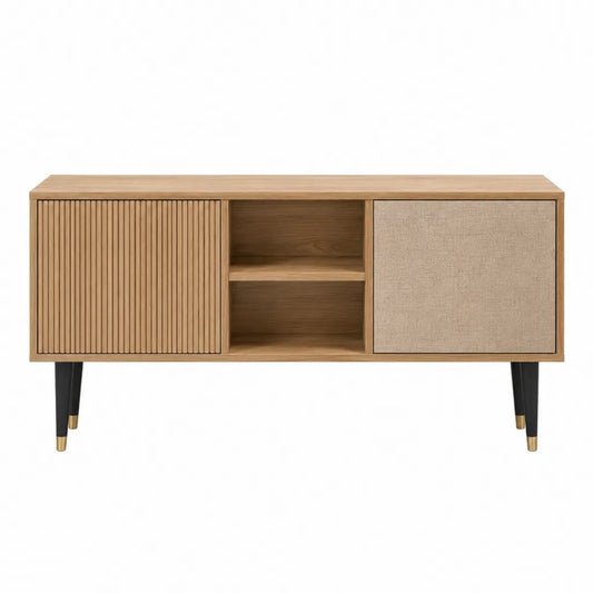 Meuble TV rectangulaire 160 x 40 x 75 cm en MDF plaqué chêne naturel beige noir