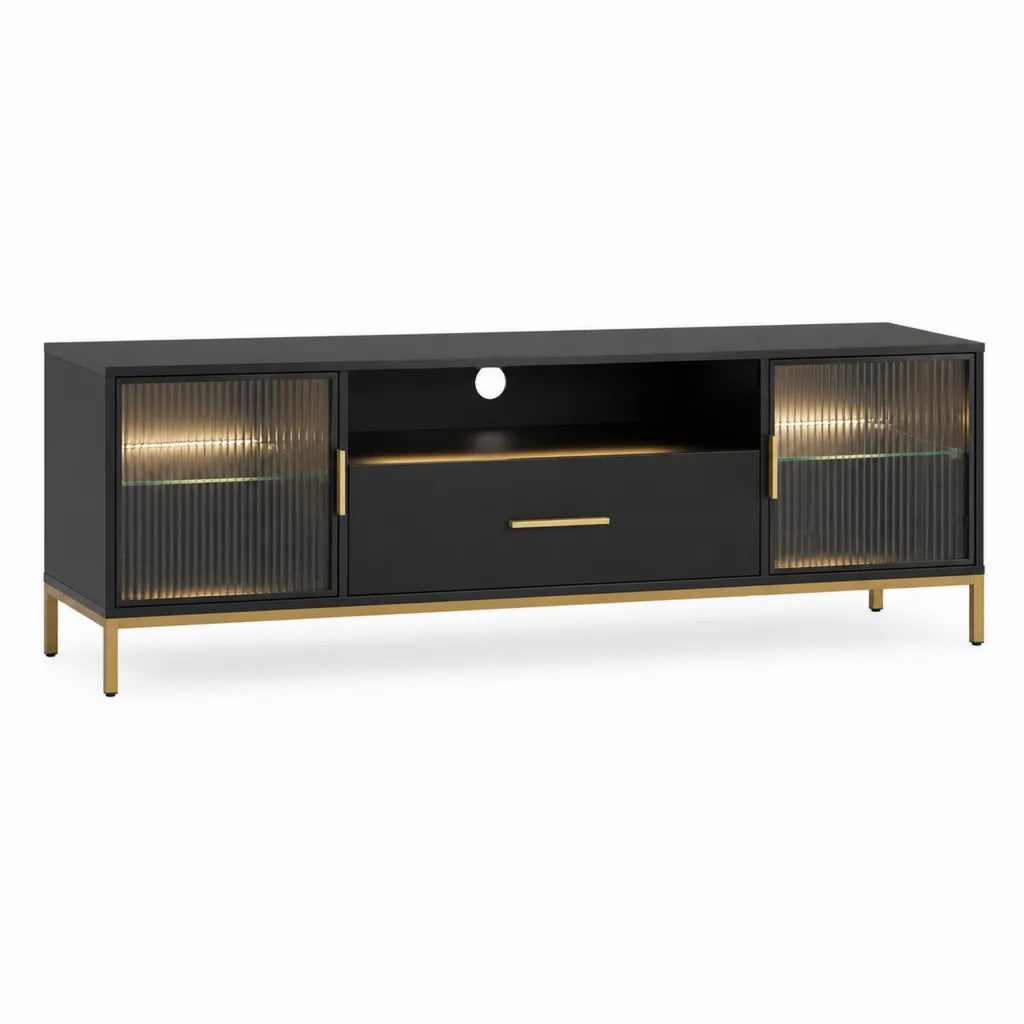 Meuble TV 180 x 40 x 60 cm en panneaux MDF noir rectangulaire avec portes en verre nervuré