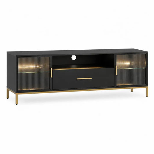 Meuble TV 180 x 40 x 60 cm en panneaux MDF noir rectangulaire avec portes en verre nervuré