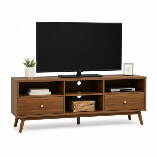 Meuble TV rectangulaire 147 x 40 x 65 cm en panneaux MDF décor noyer avec 2 tiroirs marron
