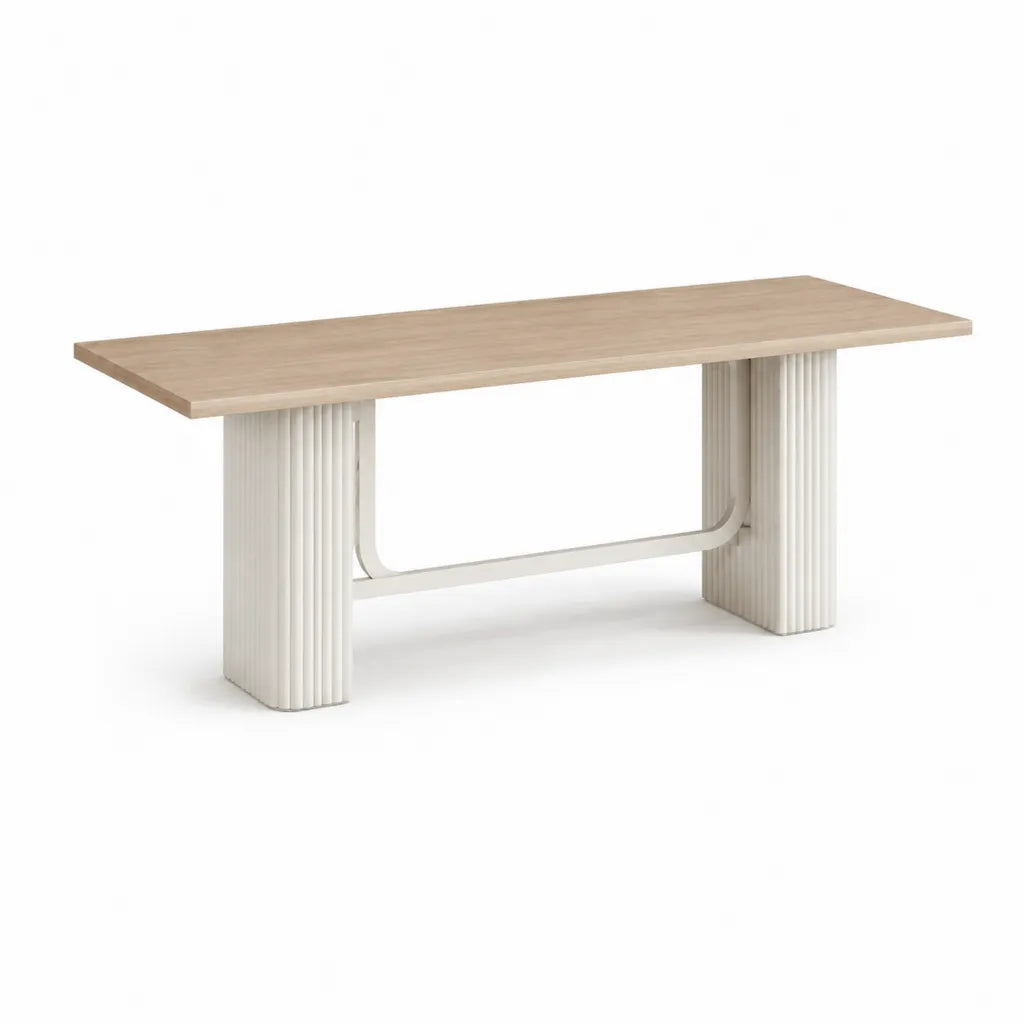 Table de jardin rectangulaire 160 x 80 x 75 cm plateau aluminium effet chêne pieds aluminium blanc