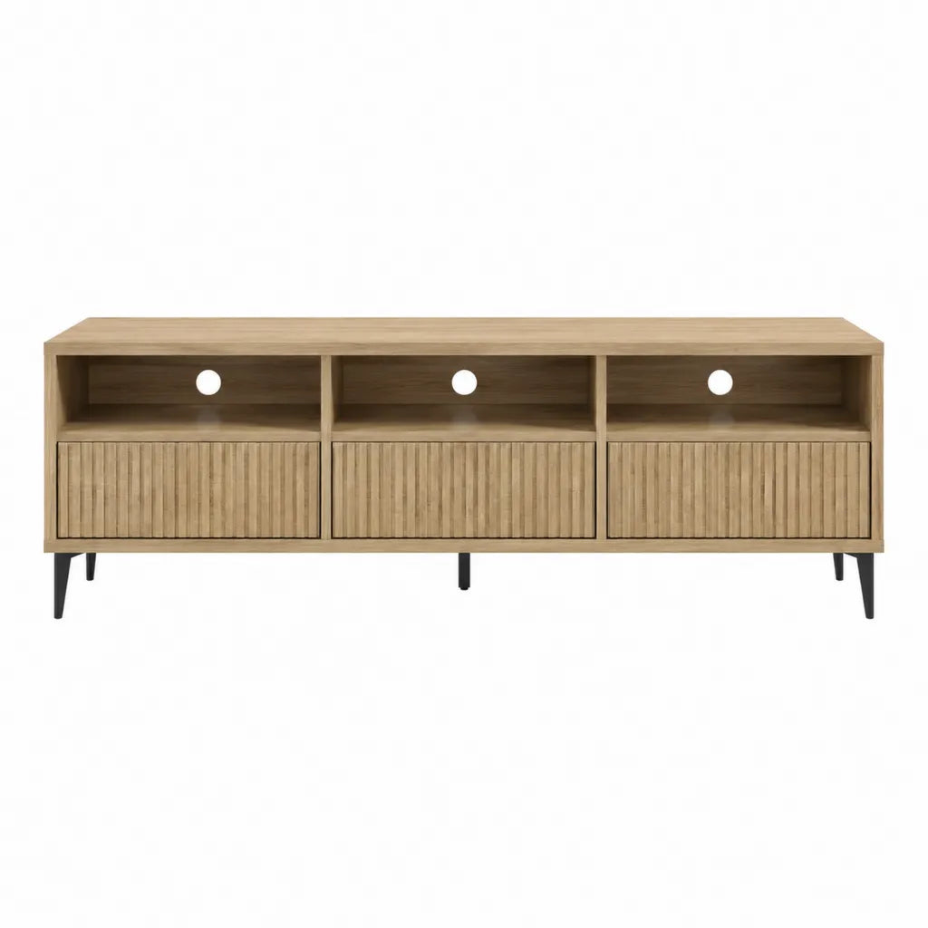 Meuble TV 180 x 40 x 60 cm en panneaux MDF effet chêne avec 3 portes et pieds noirs