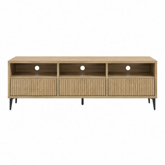 Meuble TV 180 x 40 x 60 cm en panneaux MDF effet chêne avec 3 portes et pieds noirs