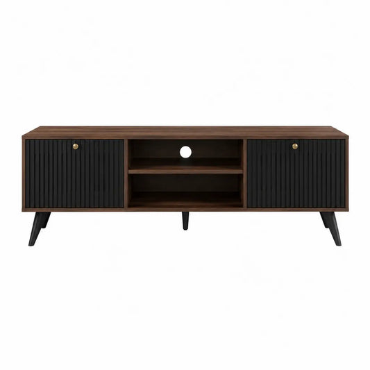 Meuble TV 140 x 40 x 55 cm en panneaux MDF finition noyer avec portes rainurées noires
