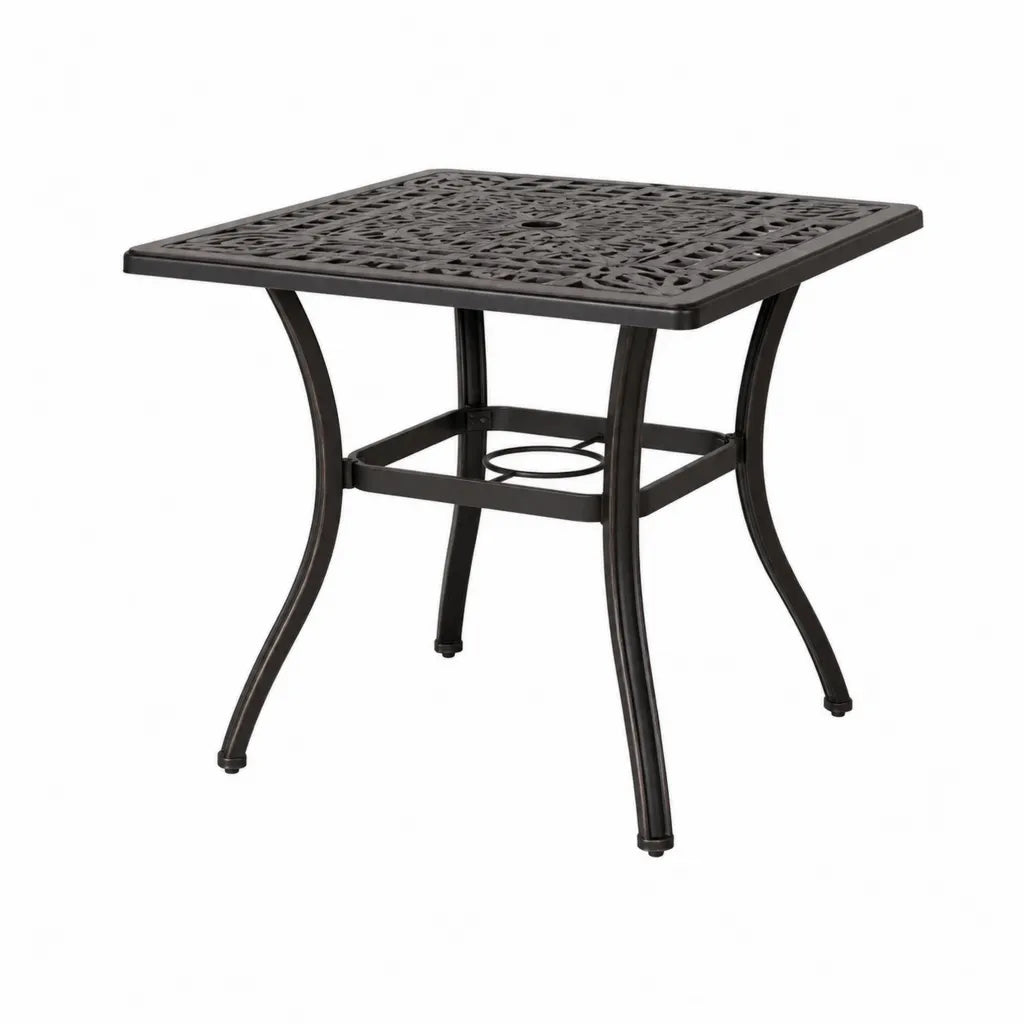 Table de jardin carrée 90 x 90 x 74 cm en aluminium coulé noir avec trou pour parasol