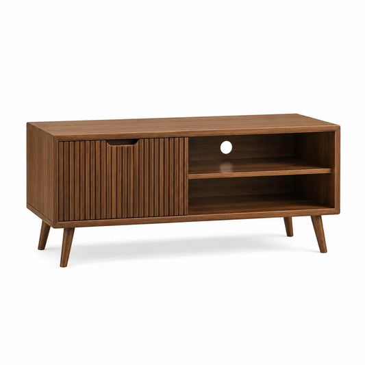 Meuble TV en MDF plaqué noyer 140 x 40 x 60 cm marron avec porte coulissante et 3 compartiments