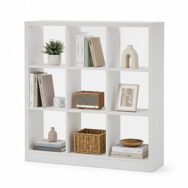 Bibliothèque à 9 cases rectangulaire en panneaux de particules mélaminés blancs 90 x 30 x 90 cm