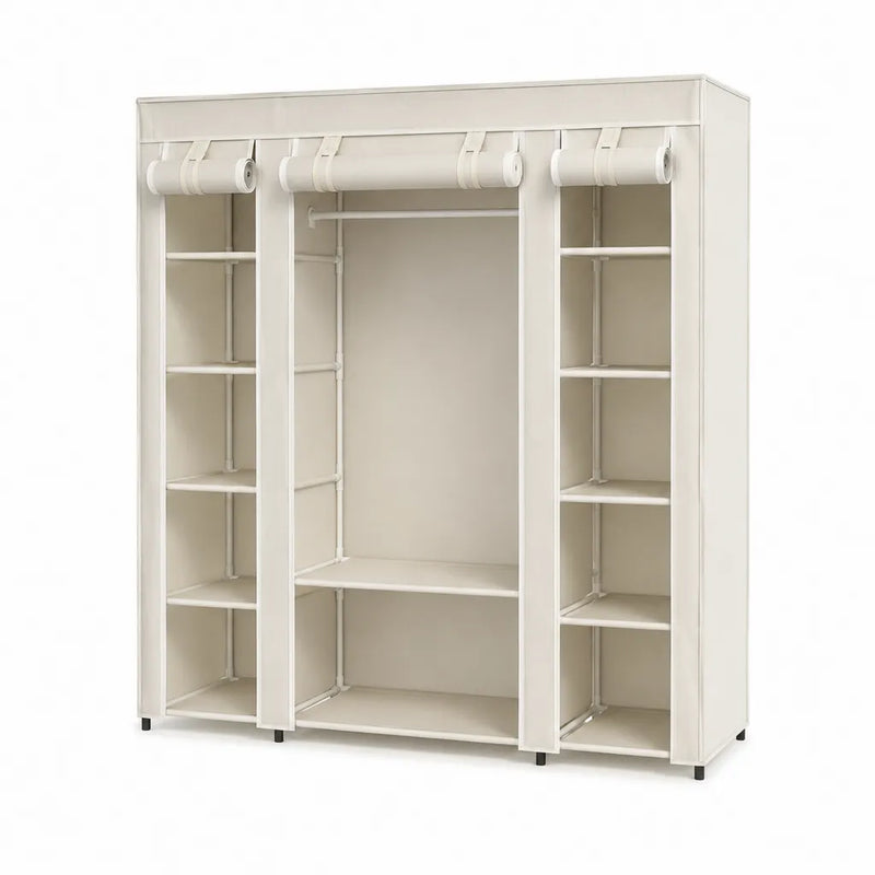 Armoire penderie rectangulaire en tissu non tissé polypropylène crème avec 3 rideaux enroulables 130 x 45 x 170 cm